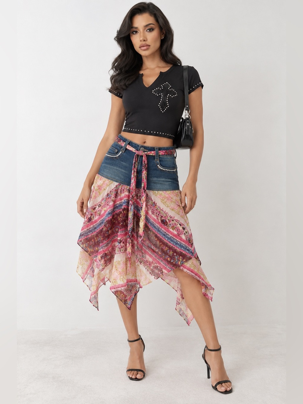 Wear Ever Girl Y2K Denim Paisley Handkerchief Skirt Boho Fairycore